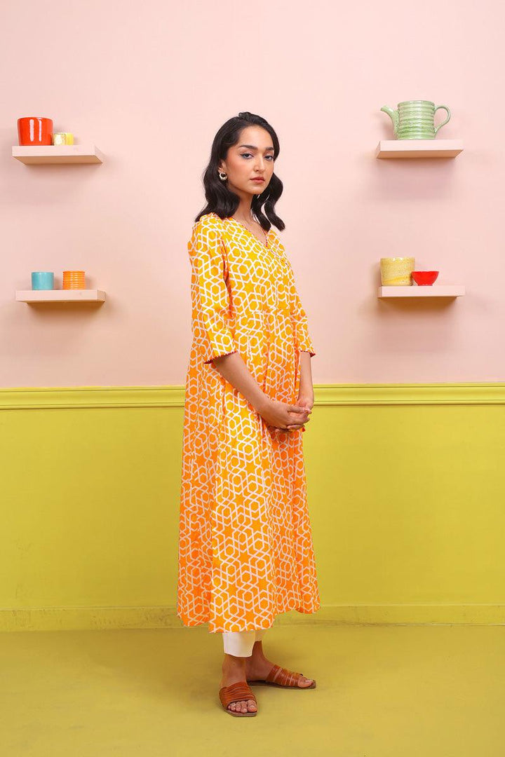 Generation - Geometric Dress - Mango Yellow - Lawn - 1 Piece