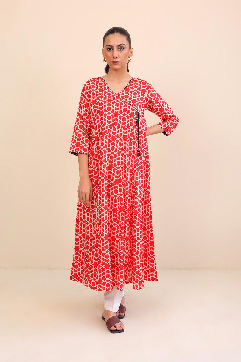Generation - 1 Piece - Geometric Angrakha Dress - Red - Lawn