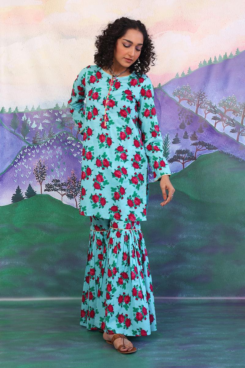 Generation - 2 Piece - Gulab Gharara Set - Sky Blue - Lawn