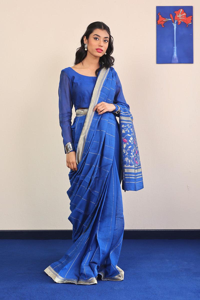 Generation - Pathani Peekaboo Royal Sari - Blue - Cotton - 3 Piece