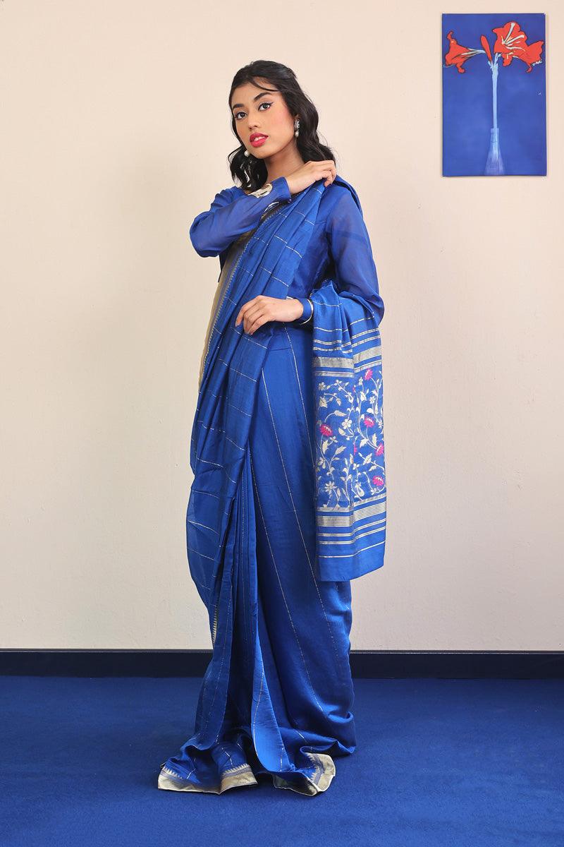 Generation - Pathani Peekaboo Royal Sari - Blue - Cotton - 3 Piece