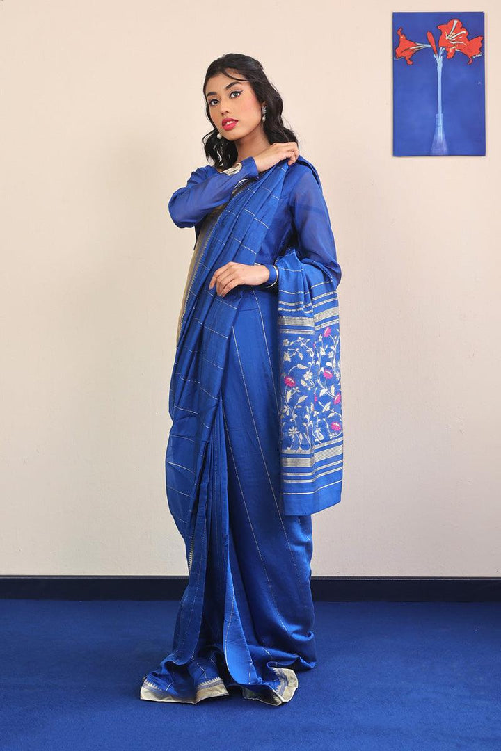 Generation - Pathani Peekaboo Royal Sari - Blue - Cotton - 3 Piece