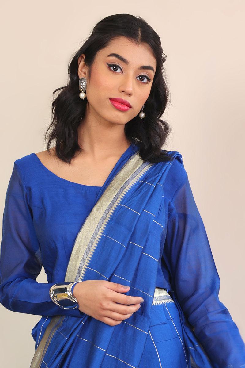 Generation - Pathani Peekaboo Royal Sari - Blue - Cotton - 3 Piece