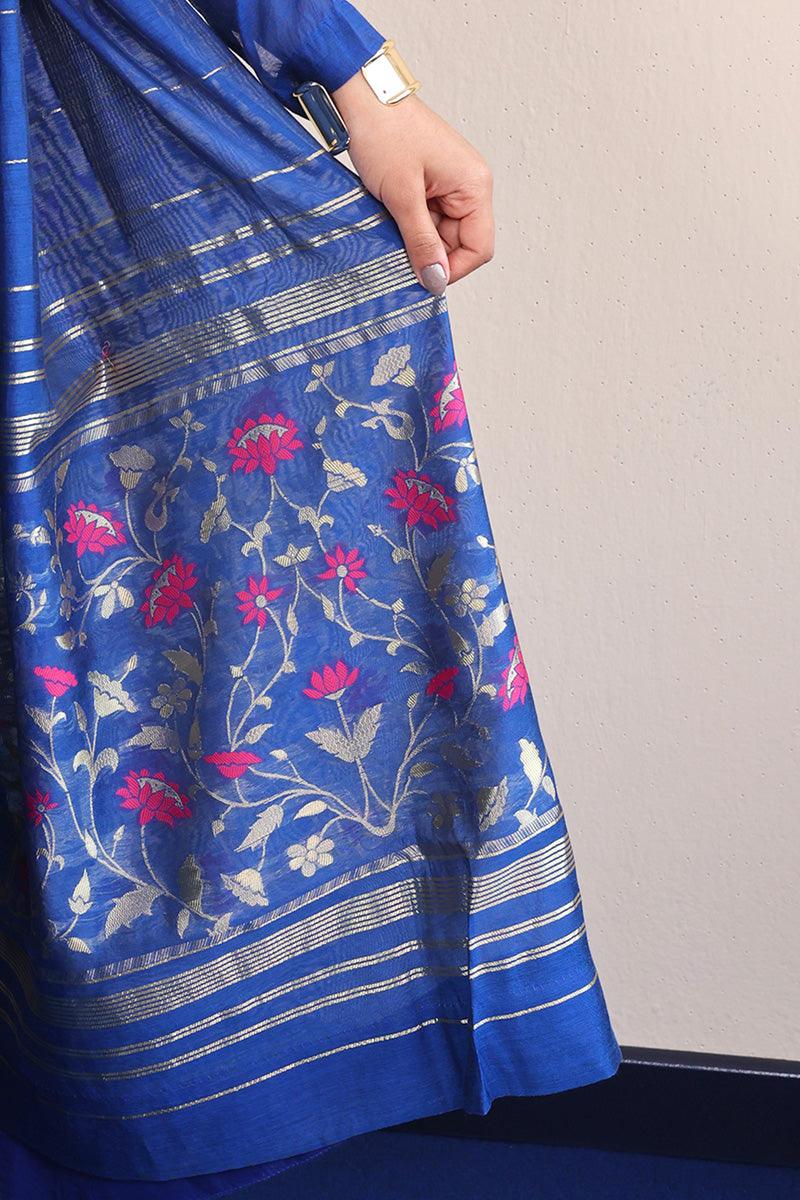 Generation - Pathani Peekaboo Royal Sari - Blue - Cotton - 3 Piece
