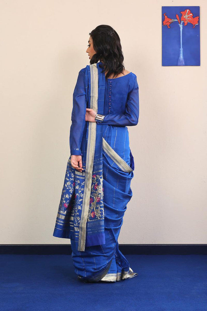 Generation - Pathani Peekaboo Royal Sari - Blue - Cotton - 3 Piece