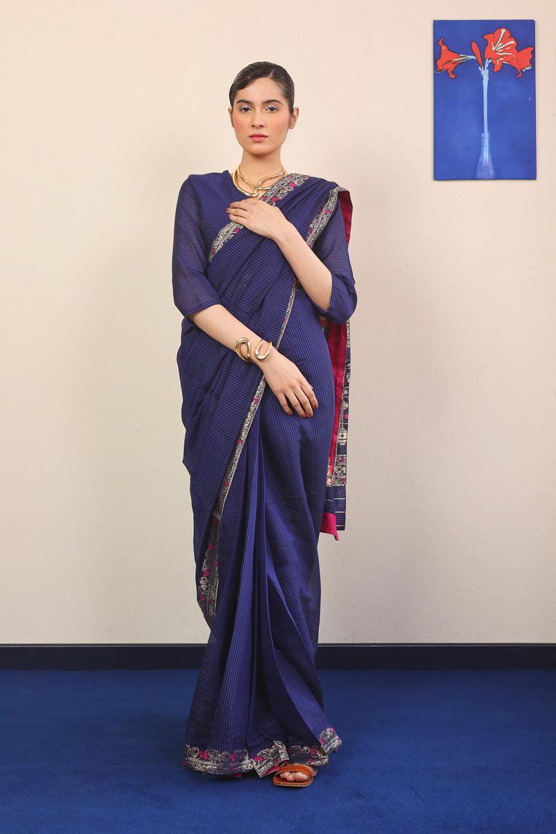 Generation - Pathani Peekaboo Midnight Sari - Royal Blue - Cotton - 3 Piece