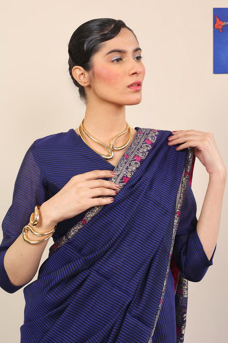 Generation - Pathani Peekaboo Midnight Sari - Royal Blue - Cotton - 3 Piece