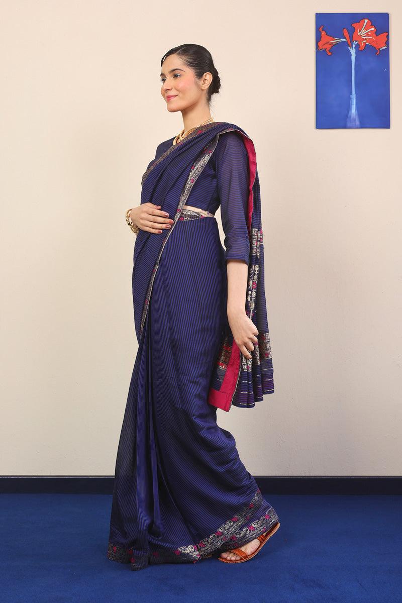 Generation - Pathani Peekaboo Midnight Sari - Royal Blue - Cotton - 3 Piece