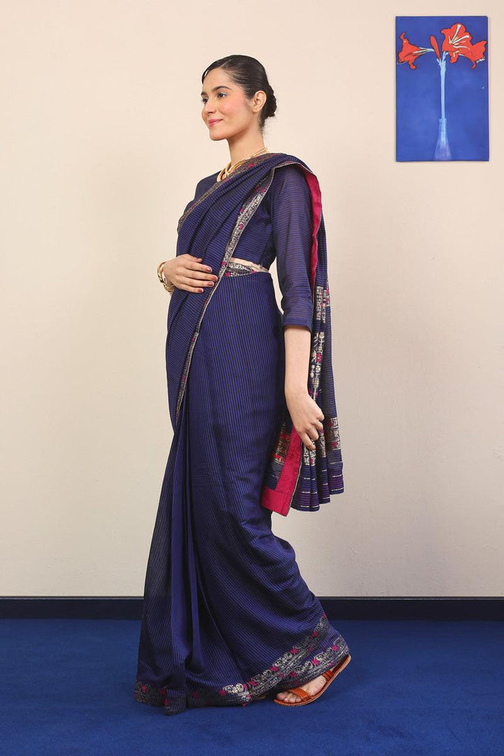 Generation - Pathani Peekaboo Midnight Sari - Royal Blue - Cotton - 3 Piece