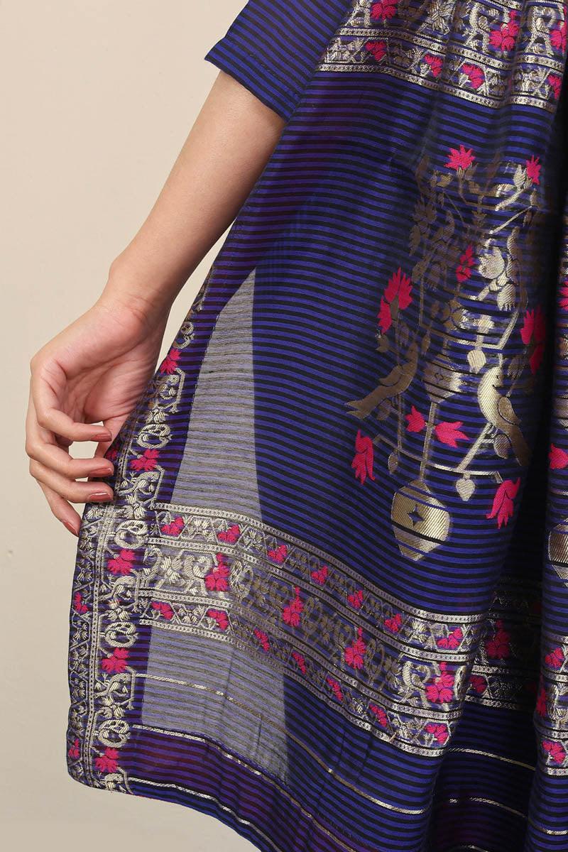 Generation - Pathani Peekaboo Midnight Sari - Royal Blue - Cotton - 3 Piece