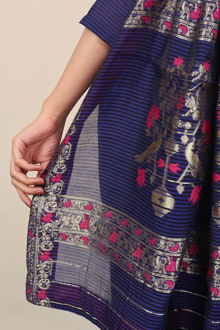 Generation - Pathani Peekaboo Midnight Sari - Royal Blue - Cotton - 3 Piece
