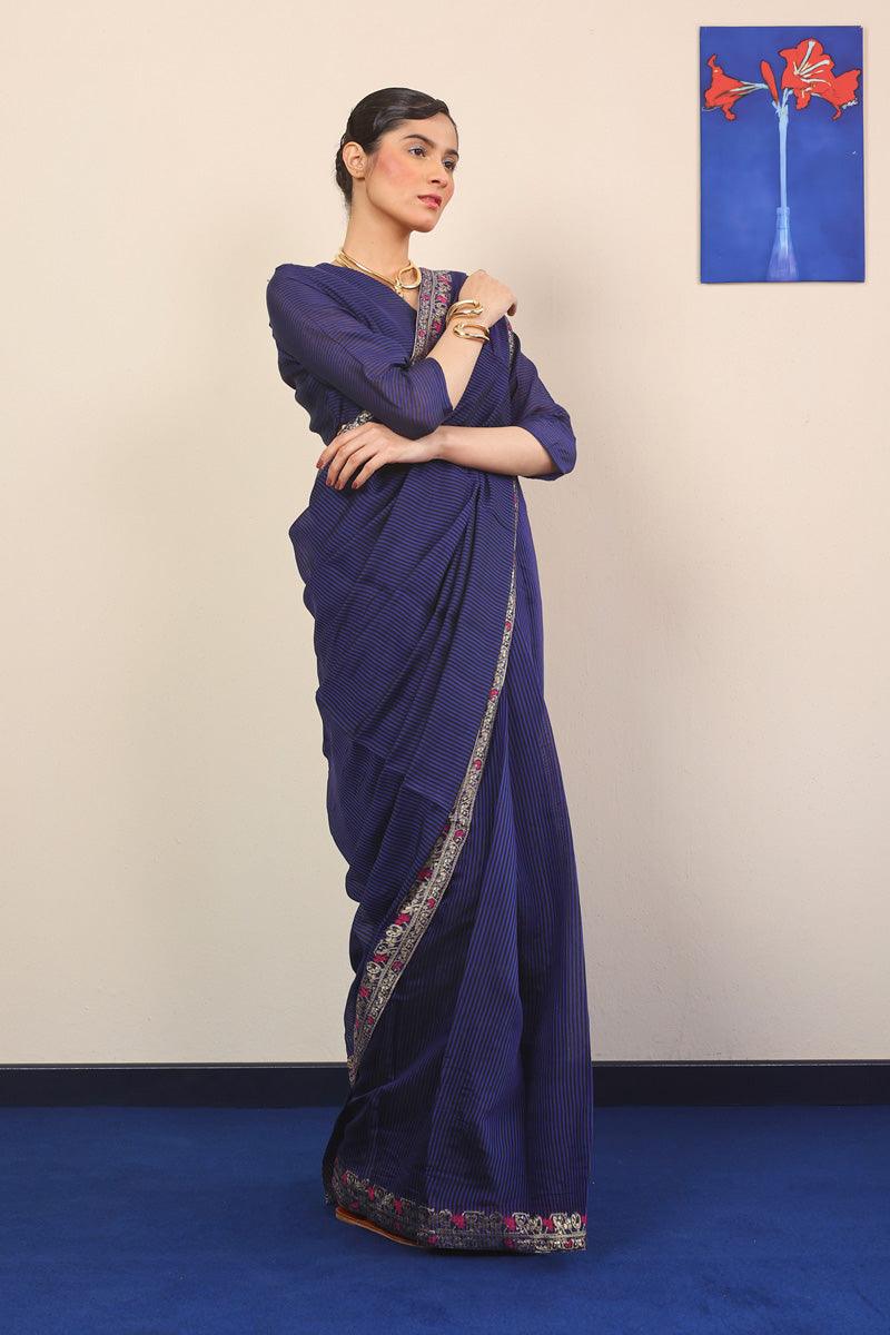 Generation - Pathani Peekaboo Midnight Sari - Royal Blue - Cotton - 3 Piece