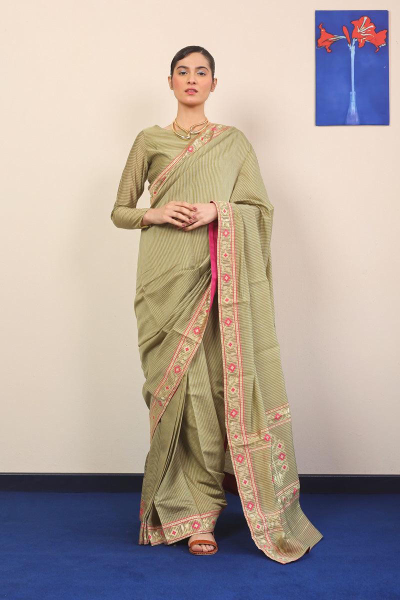 Generation - Pathani Peekaboo Sari - Green - Cotton - 3 Piece