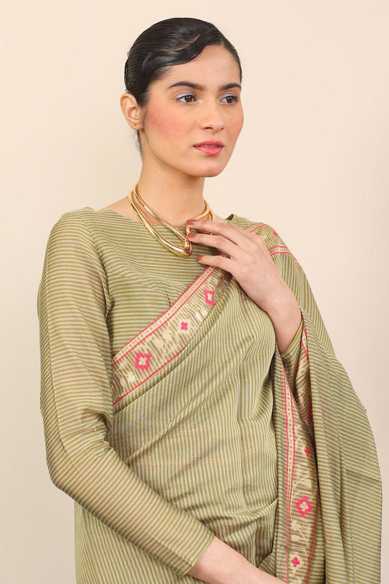 Generation - Pathani Peekaboo Sari - Green - Cotton - 3 Piece