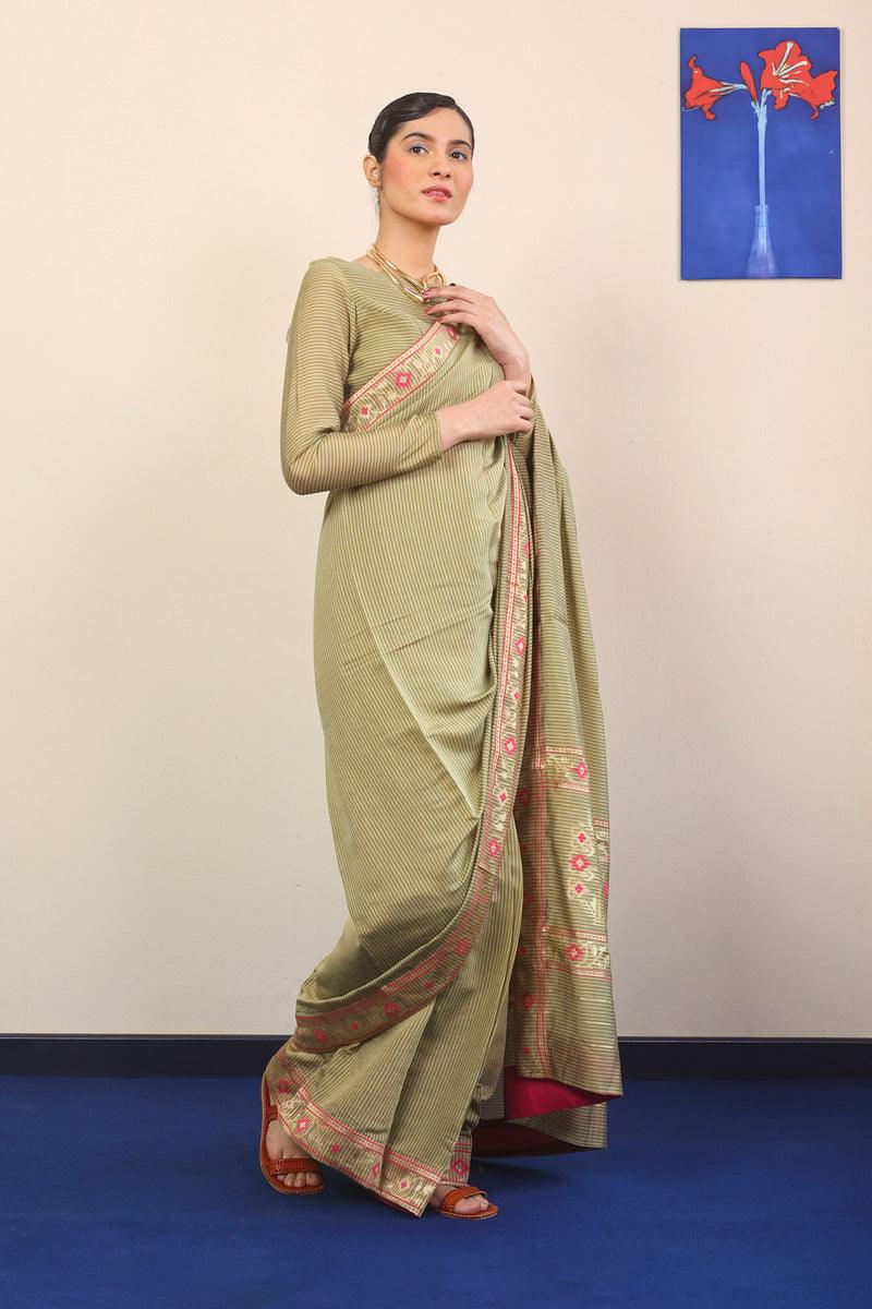 Generation - Pathani Peekaboo Sari - Green - Cotton - 3 Piece