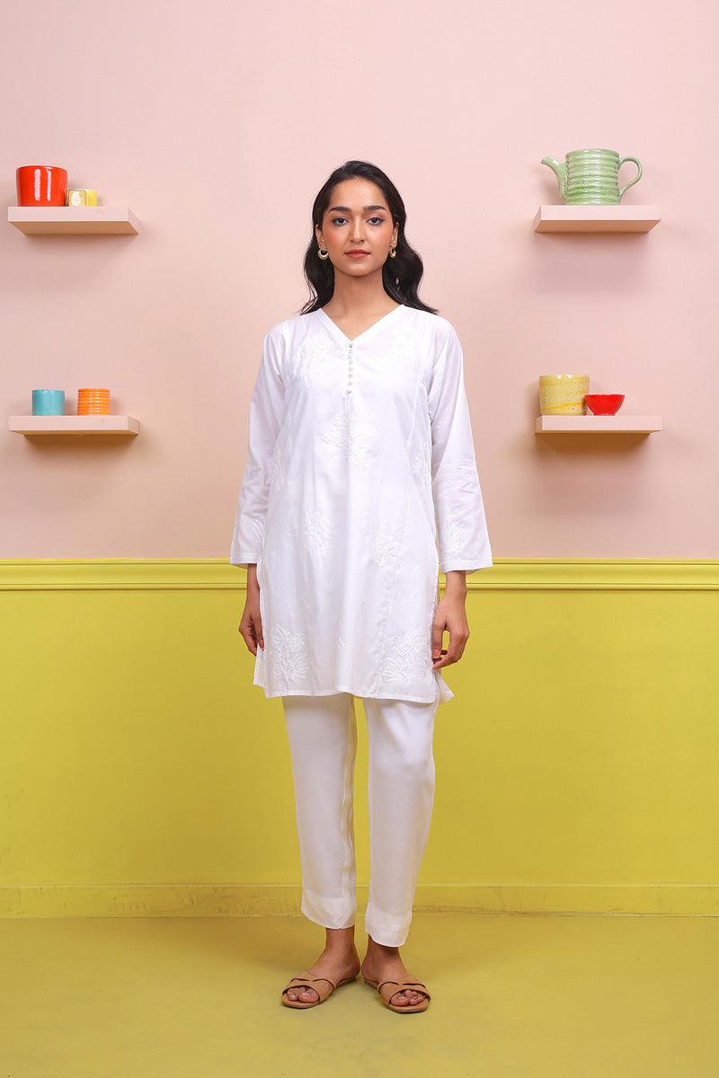 Generation - Urban Foliage Hand Embroidered Kurti - White - Lawn - 1 Piece