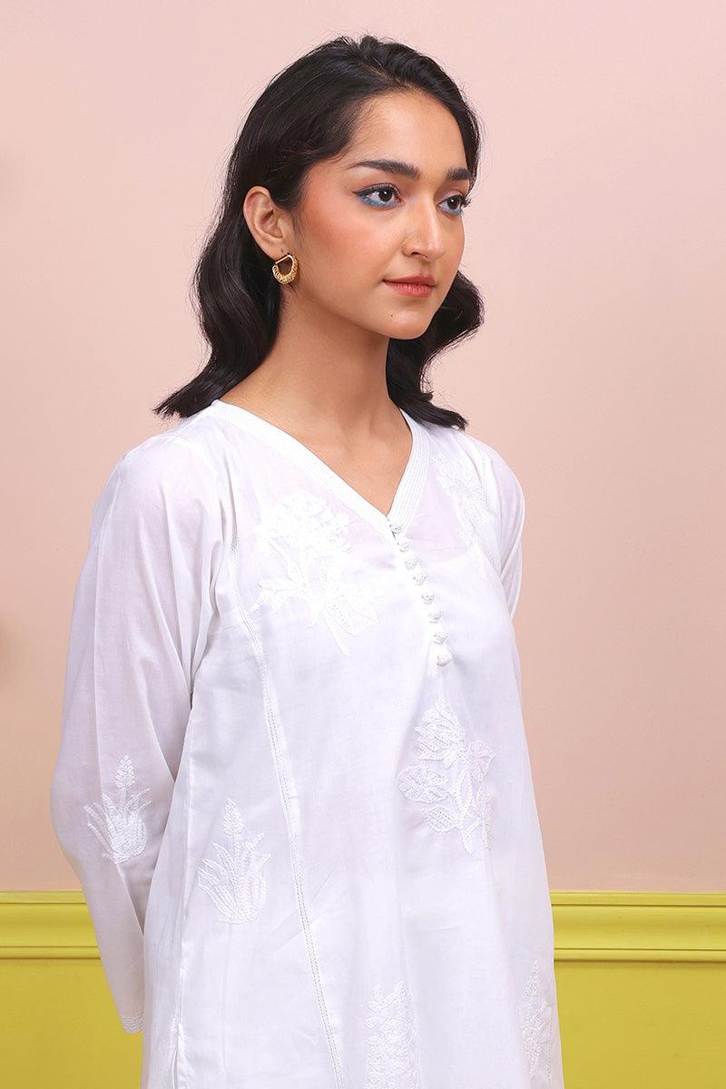 Generation - Urban Foliage Hand Embroidered Kurti - White - Lawn - 1 Piece