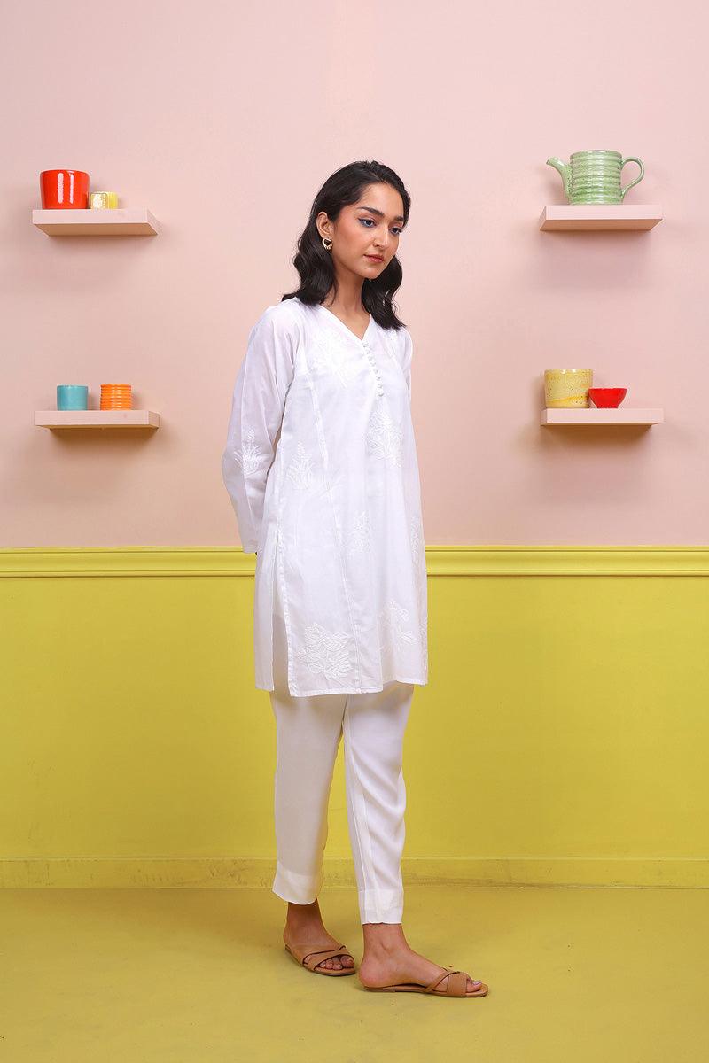 Generation - Urban Foliage Hand Embroidered Kurti - White - Lawn - 1 Piece