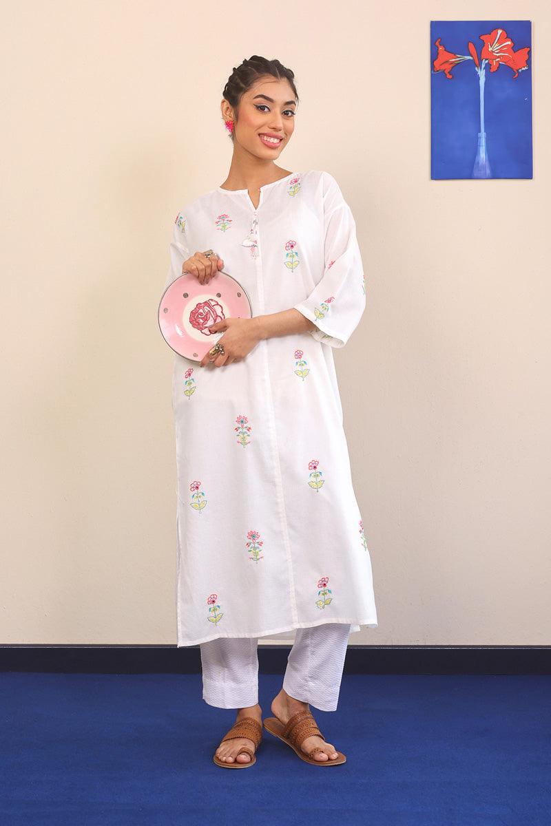 Generation - Bageecha Hand Embroidered Kurta - White - 1 Piece