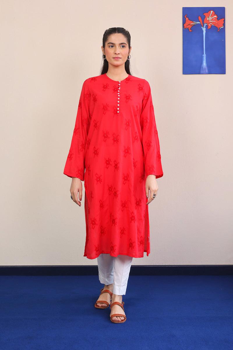 Generation - Baagh Embroidered Kurta - 1 Piece - Red - Lawn
