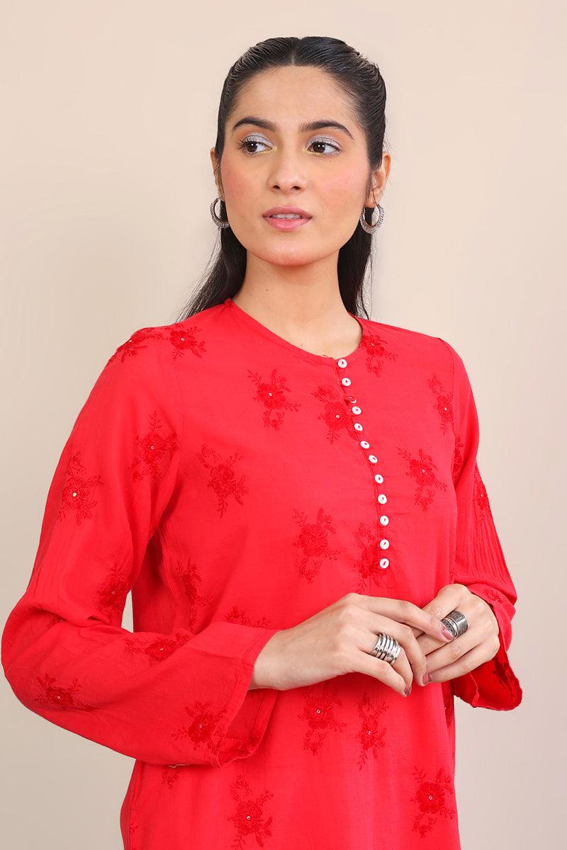Generation - Baagh Embroidered Kurta - 1 Piece - Red - Lawn