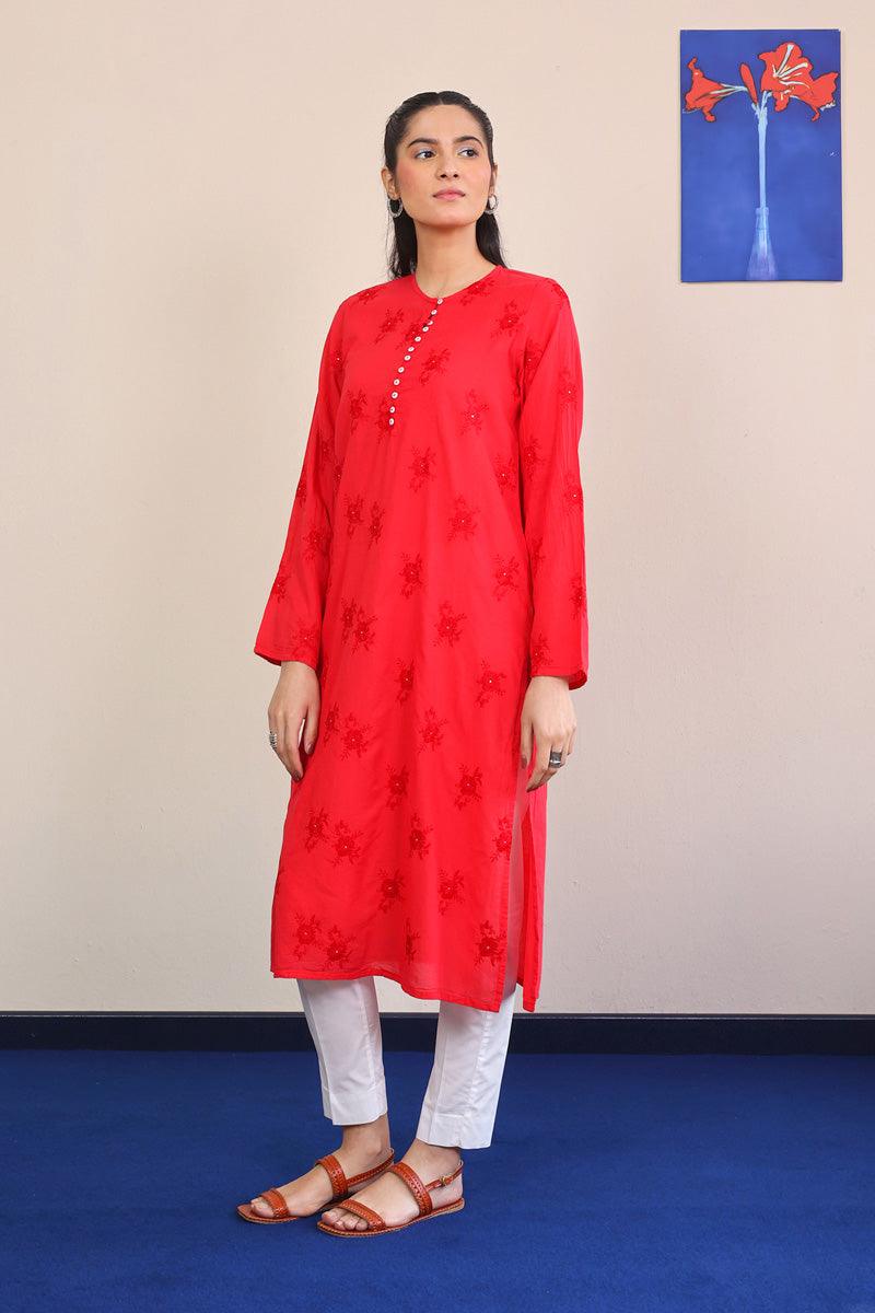 Generation - Baagh Embroidered Kurta - 1 Piece - Red - Lawn