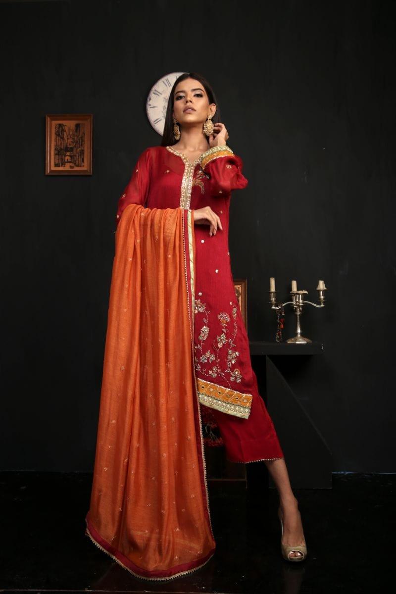 Sadia Aamir - Dark Red and Rust Aas - Khaddi - 3 Piece