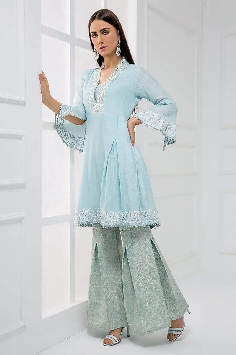 Sadia Aamir - Light Blue Ice Flow - SA-LP06 - Cotton - Jamavar Gharara - 1 Piece