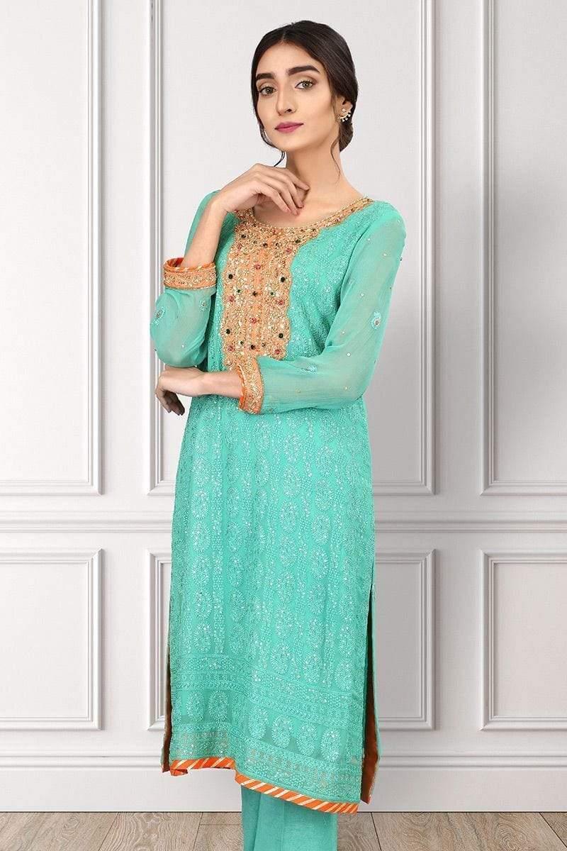 Sadia Aamir - Sea Green Jewels - SAL-11 - Embroidered chiffon chikankari - 1 Piece