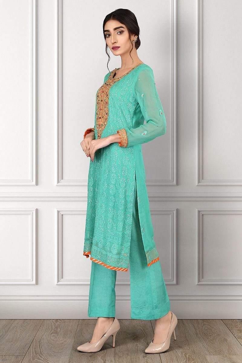 Sadia Aamir - Sea Green Jewels - SAL-11 - Embroidered chiffon chikankari - 1 Piece