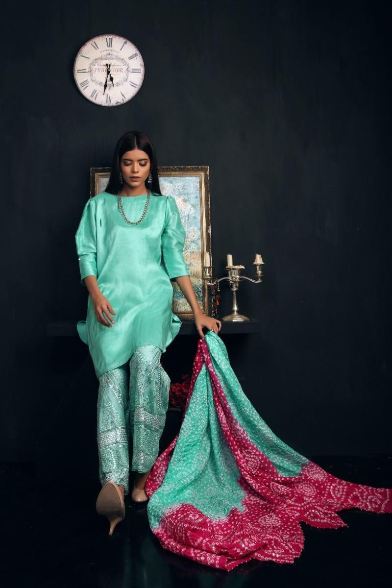 Sadia Aamir - Sea green Kaira - Raw Silk shirt with Chunri Dupatta - 3 Piece