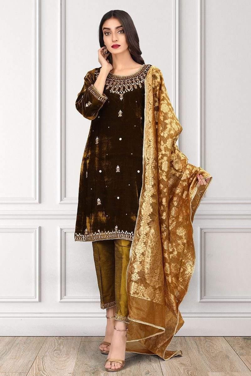 Sadia Aamir - Soft Golden Brown Diadem - SAL-07 - Hand Embroidery - 1 Piece