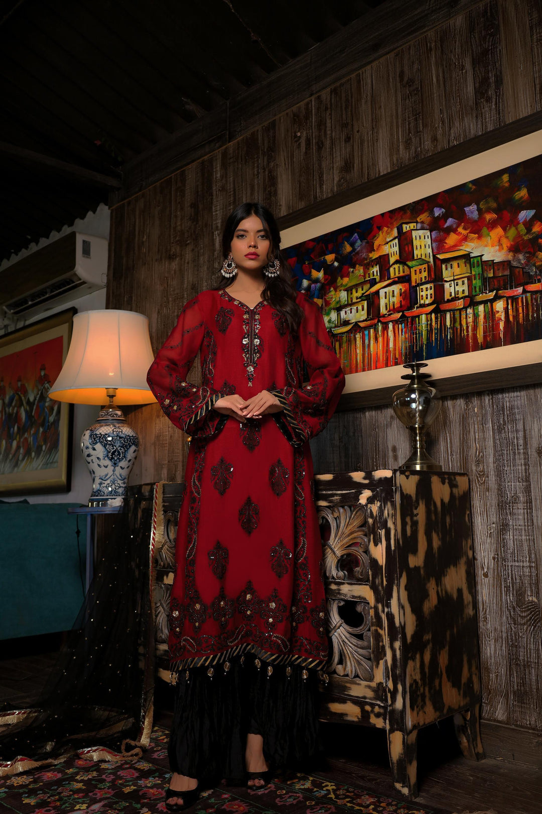 Sadia Aamir - Tarz - Black & Maroon - Block Print - 3 Piece