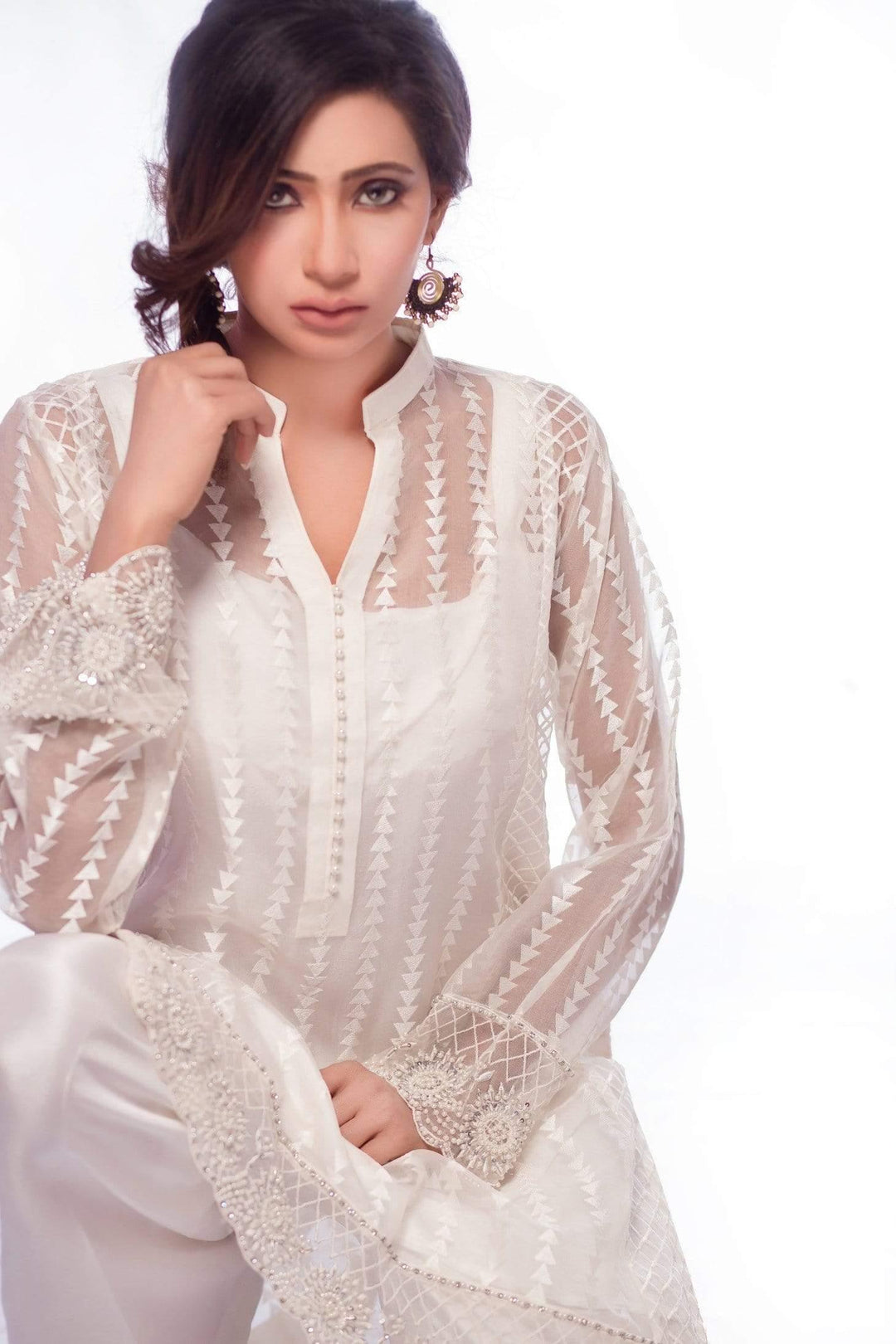 Sadia Aamir - White Royal Stripe - Ivory Embroidery - 1 Piece