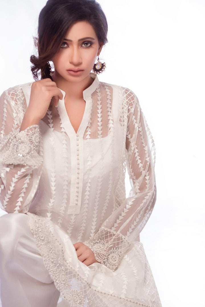 Sadia Aamir - White Royal Stripe - Ivory Embroidery - 1 Piece