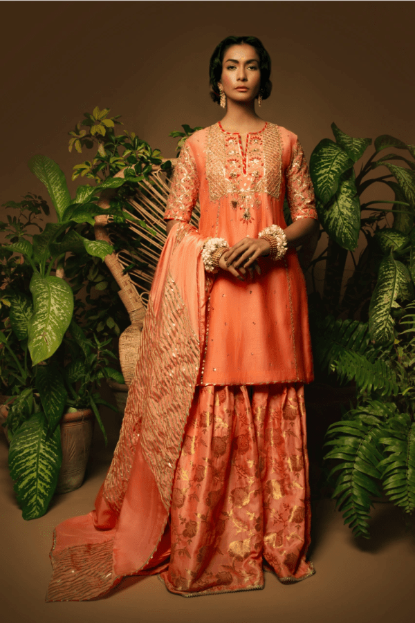 Sanam Chaudhri - Coral Orange Kora Silk 3 Piece