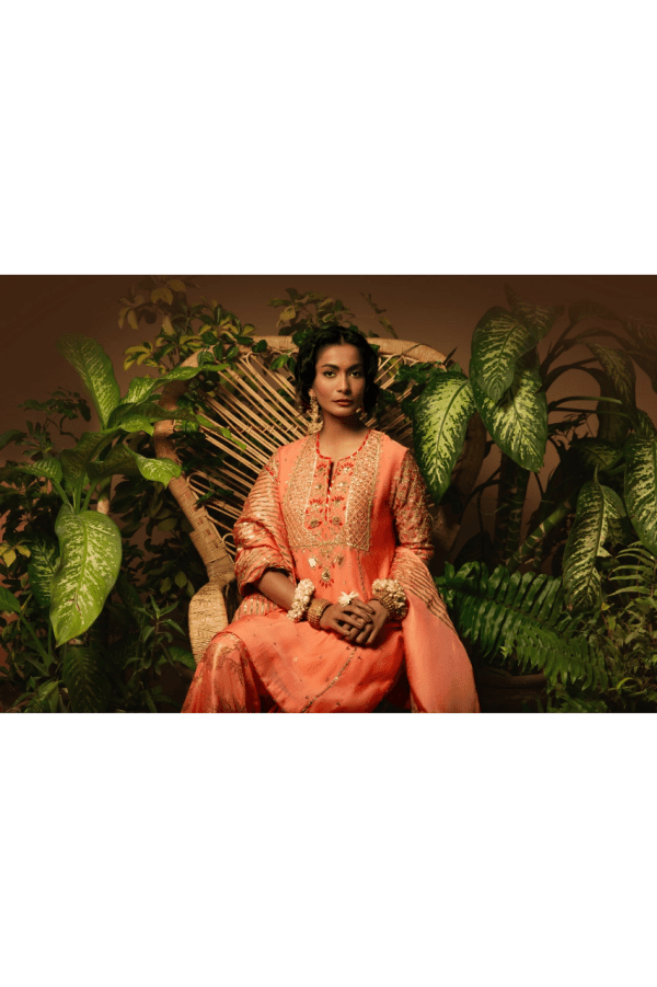 Sanam Chaudhri - Coral Orange Kora Silk 3 Piece