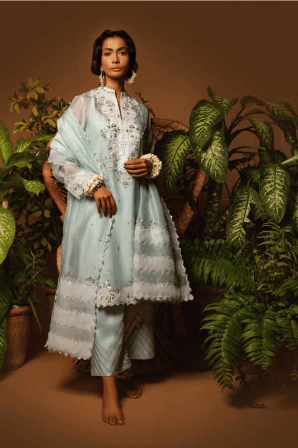 Sanam Chaudhri - Light Blue Kora Silk Embroidered 3 Piece