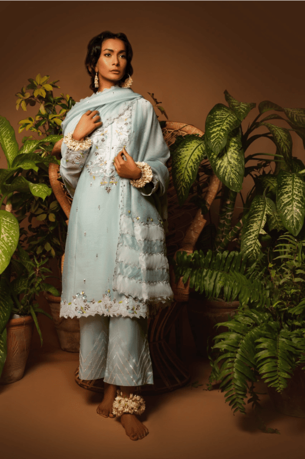 Sanam Chaudhri - Light Blue Kora Silk Embroidered 3 Piece