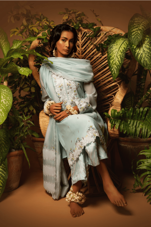 Sanam Chaudhri - Light Blue Kora Silk Embroidered 3 Piece