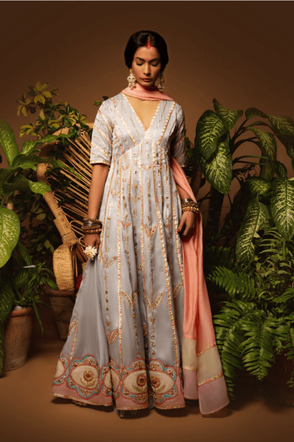 Sanam Chaudhri - Light Blue Kora Silk Pishwas