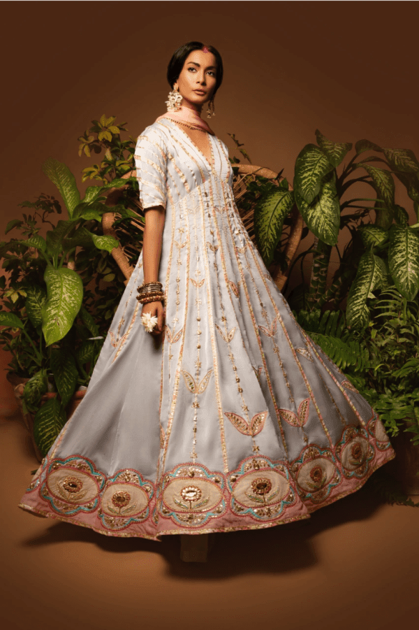 Sanam Chaudhri - Light Blue Kora Silk Pishwas