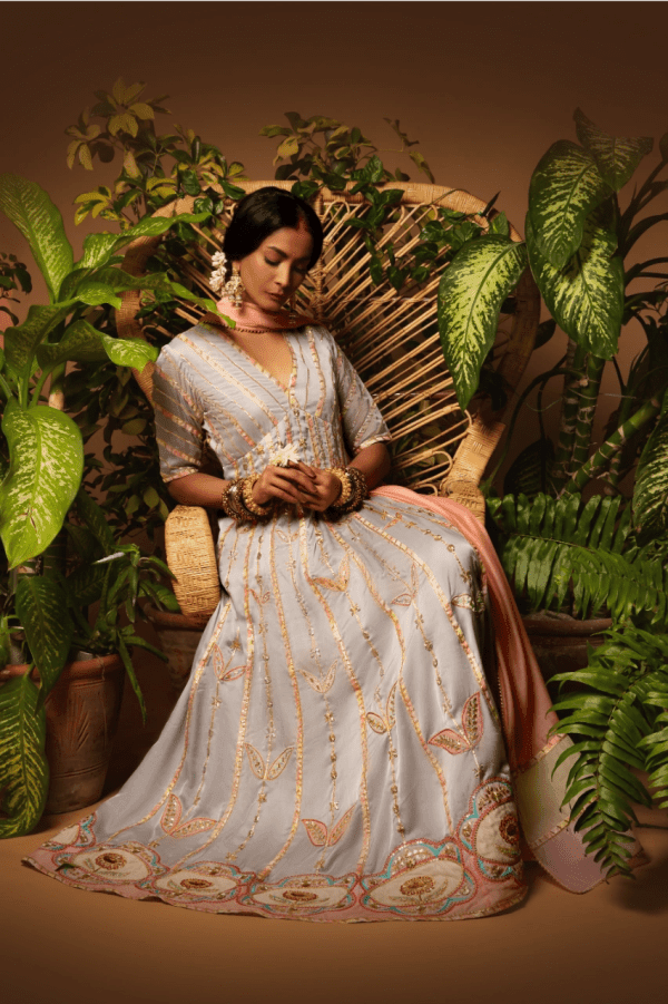 Sanam Chaudhri - Light Blue Kora Silk Pishwas