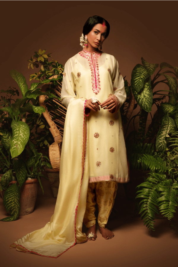 Sanam Chaudhri - Light Yellow Embroidered Kora Silk 3 Piece