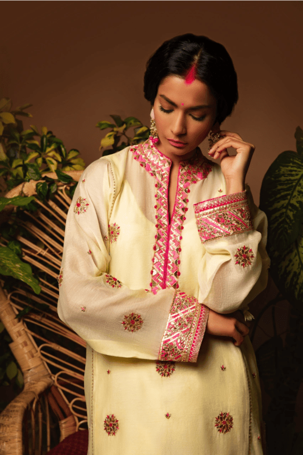 Sanam Chaudhri - Light Yellow Embroidered Kora Silk 3 Piece