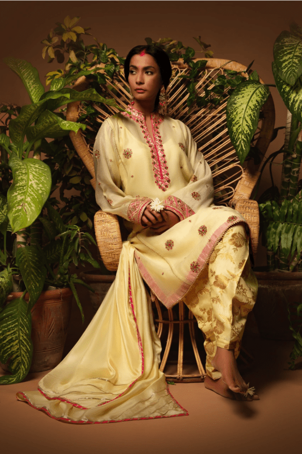 Sanam Chaudhri - Light Yellow Embroidered Kora Silk 3 Piece