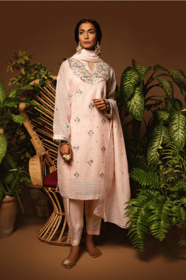Sanam Chaudhri - Powder Pink Kora Silk Embroidered 3 Piece