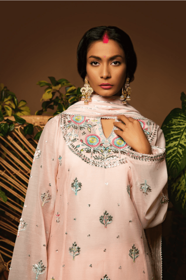 Sanam Chaudhri - Powder Pink Kora Silk Embroidered 3 Piece