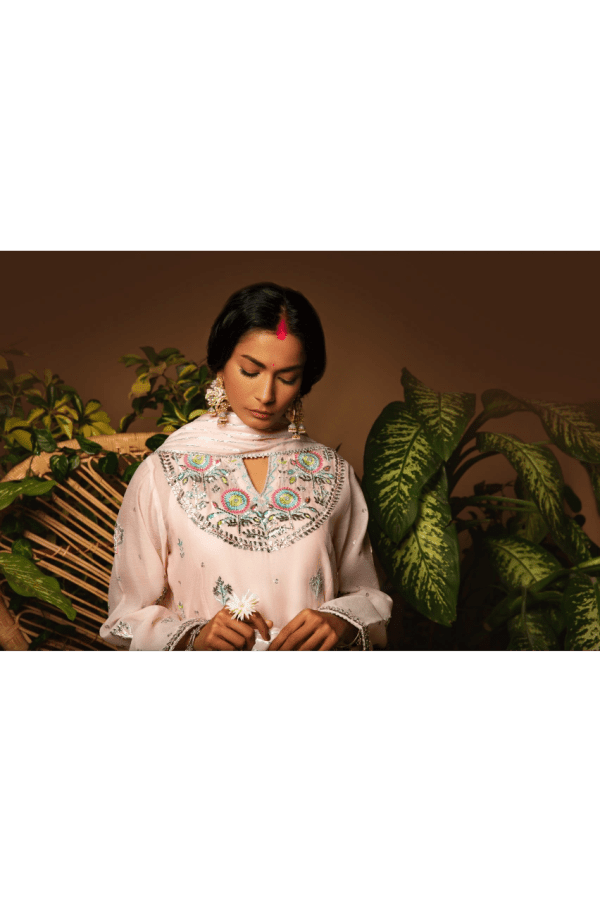 Sanam Chaudhri - Powder Pink Kora Silk Embroidered 3 Piece