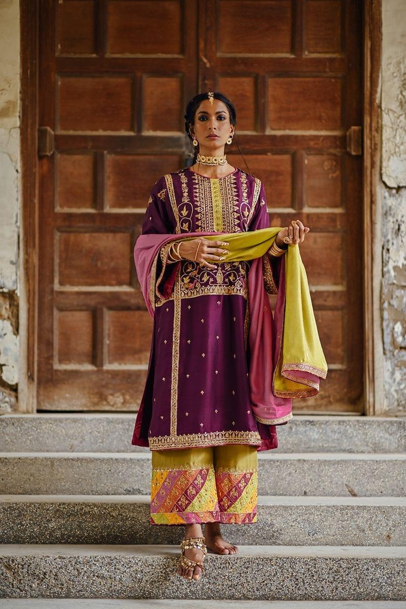 Sanam Chaudhri - Purple Raw Silk Kurta with Izaar and Dupatta